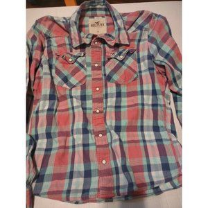 Hollister Mens Medium Pearl Snap Button Shirt Red Blue Plaid Western Rockabilly